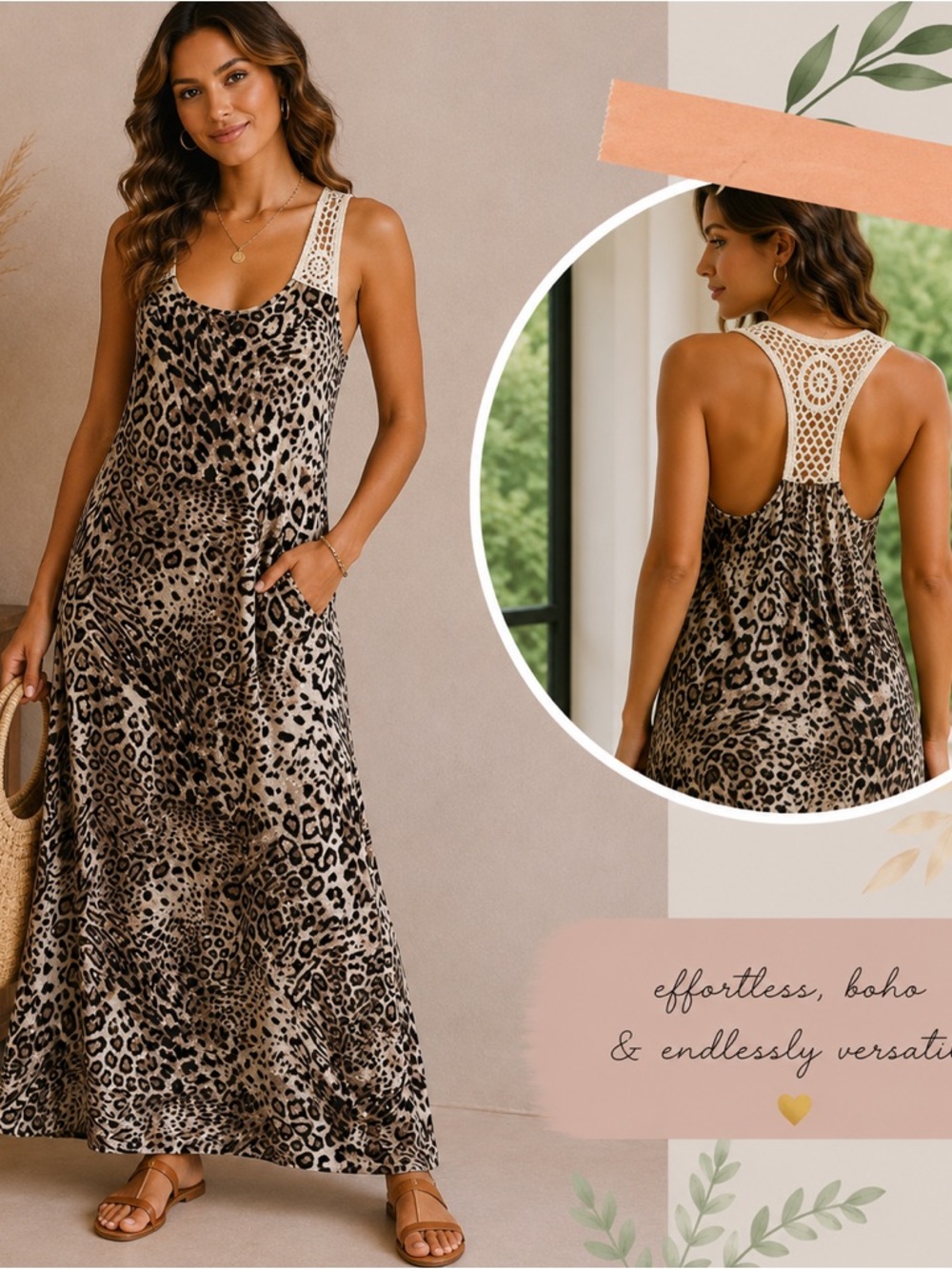 Derek Heart Leopard Print Crochet-Back Maxi Dress in Brown and Black (NO POCKETS